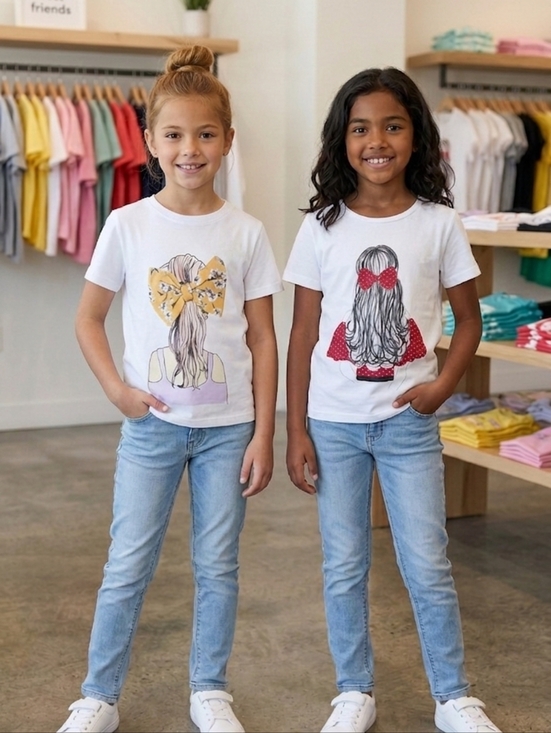 Other - Set of 2 Girls White Graphic Tees with 3D Bow Detail - Size 7/8